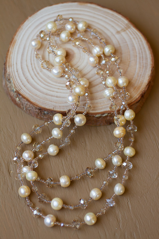 45" Light Gold Colored Freshwater Pearl & Crystal Necklace