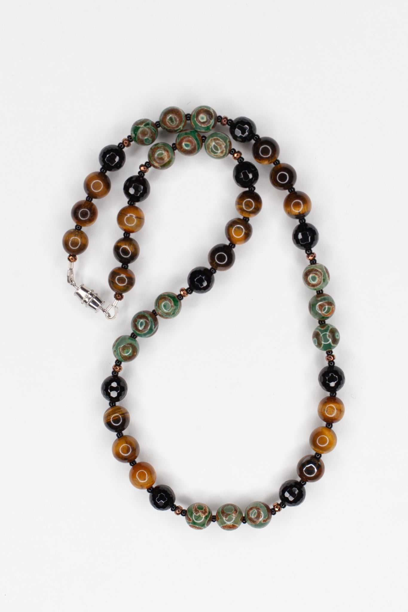 18" Long Tiger Eye Necklace with Evil Eye Agate & Hematite Beads
