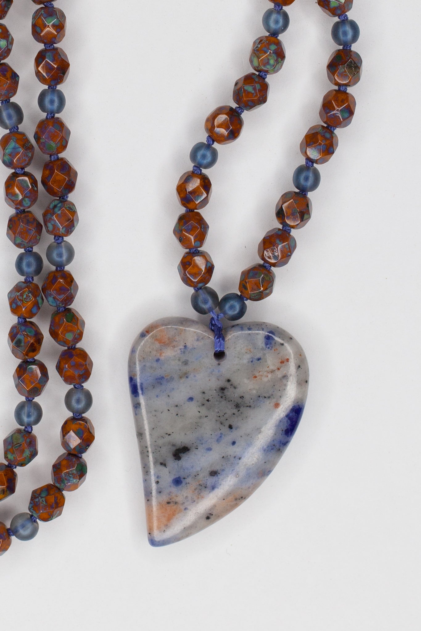 28" Long Hand Knotted Blue Sodalite Heart Pendant Necklace with Czech Glass Beads