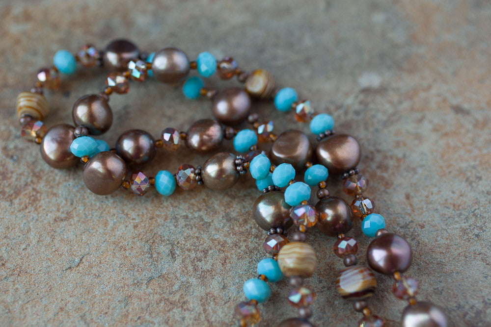 35" Chocolate Brown Pearl, Turquoise Crystal & Copper Necklace