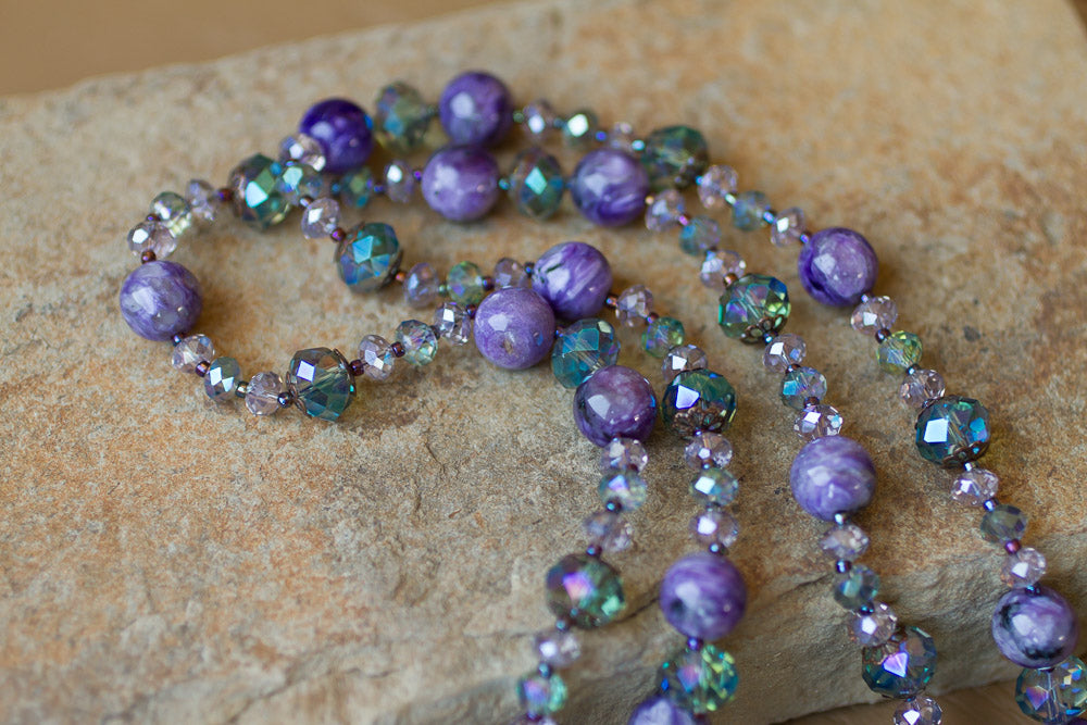 35" Purple Charoite & Crystal Beaded Necklace
