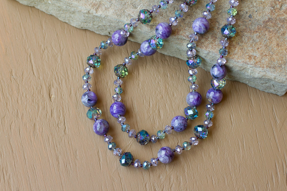 35" Purple Charoite & Crystal Beaded Necklace