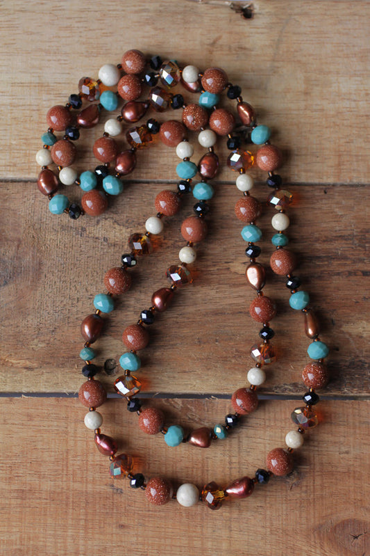 37" Long Goldstone, Riverstone, Pearl & Crystal Necklace - My Urban Gems