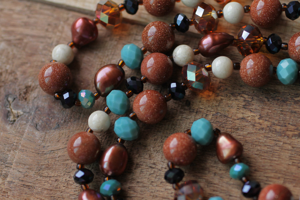 37" Long Goldstone, Riverstone, Pearl & Crystal Necklace