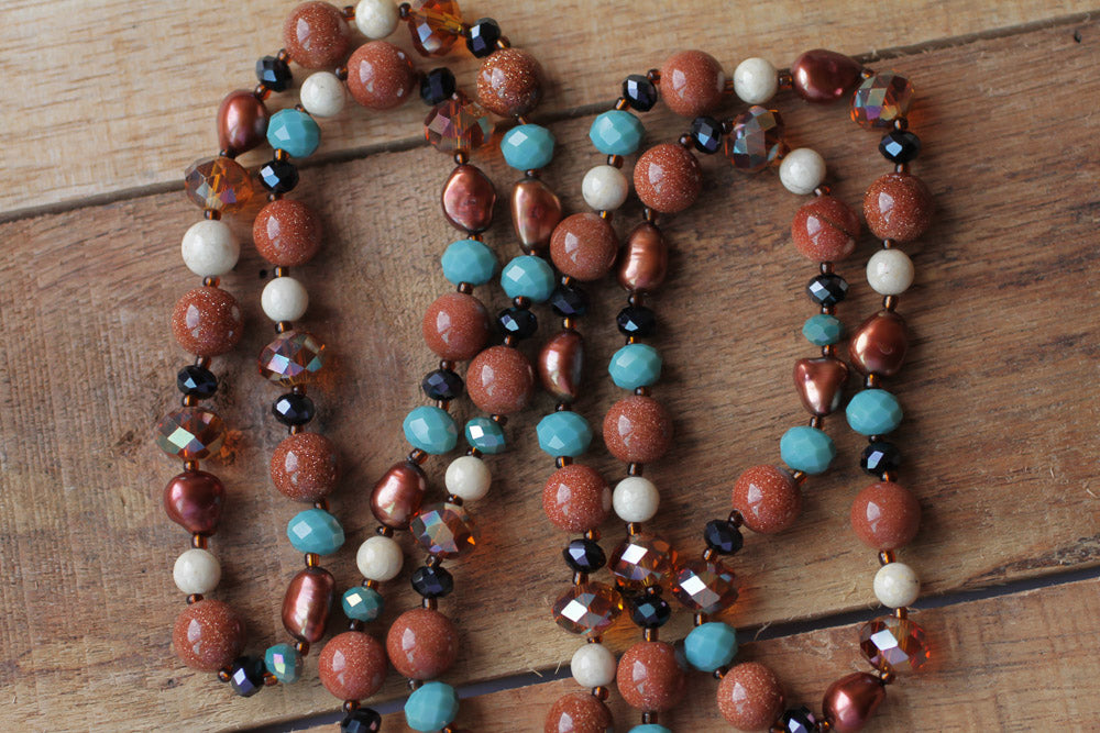 37" Long Goldstone, Riverstone, Pearl & Crystal Necklace - My Urban Gems