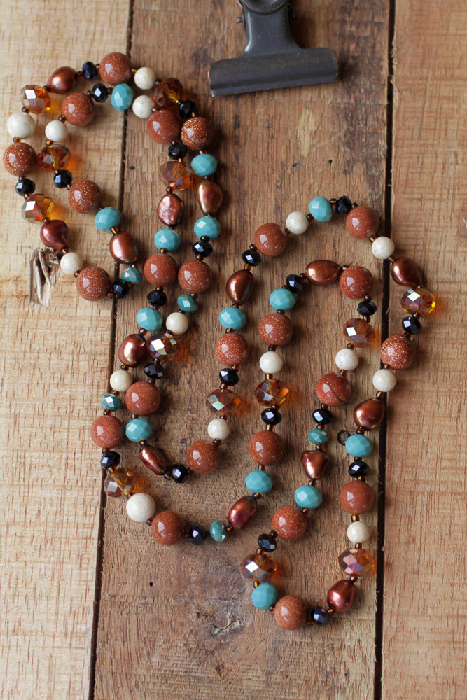 37" Long Goldstone, Riverstone, Pearl & Crystal Necklace