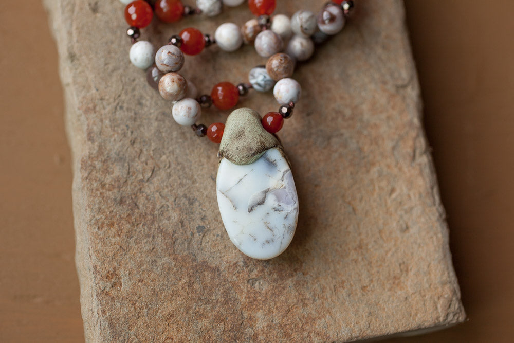 26" Long Dendritic Agate Clay Goddess Pendant Beaded Necklace with Carnelian & Agate Beads - My Urban Gems