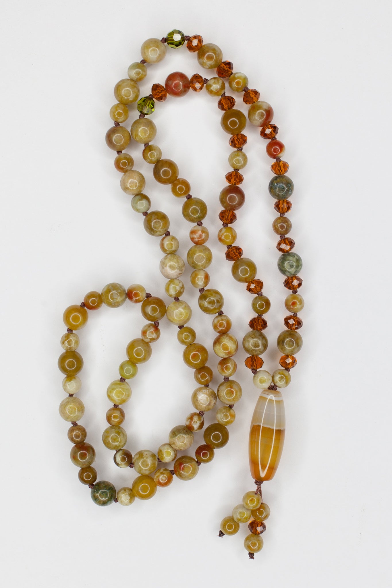 29" Long Agate Pendant Necklace with Green Dragon Jasper & Crystal Beads