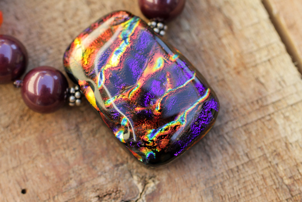 20" Long Dichroic Glass Pendant Necklace with Plum Purple Faux Shell Pearls & Crystal Beads - My Urban Gems