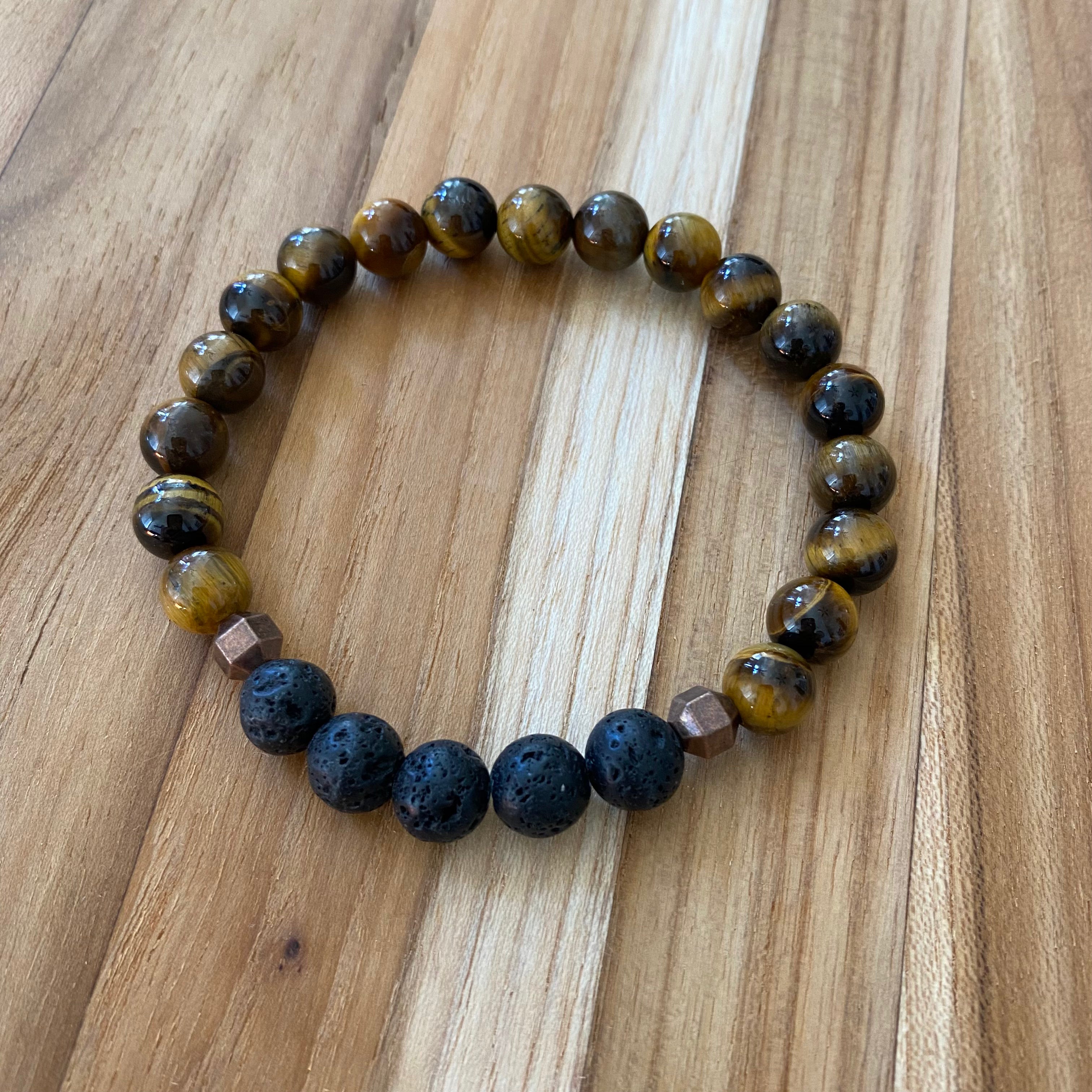 Unisex Aromatherapy Beaded Stretch Bracelet with Black Lava Stone & Tigereye Beads ~ 7.5”