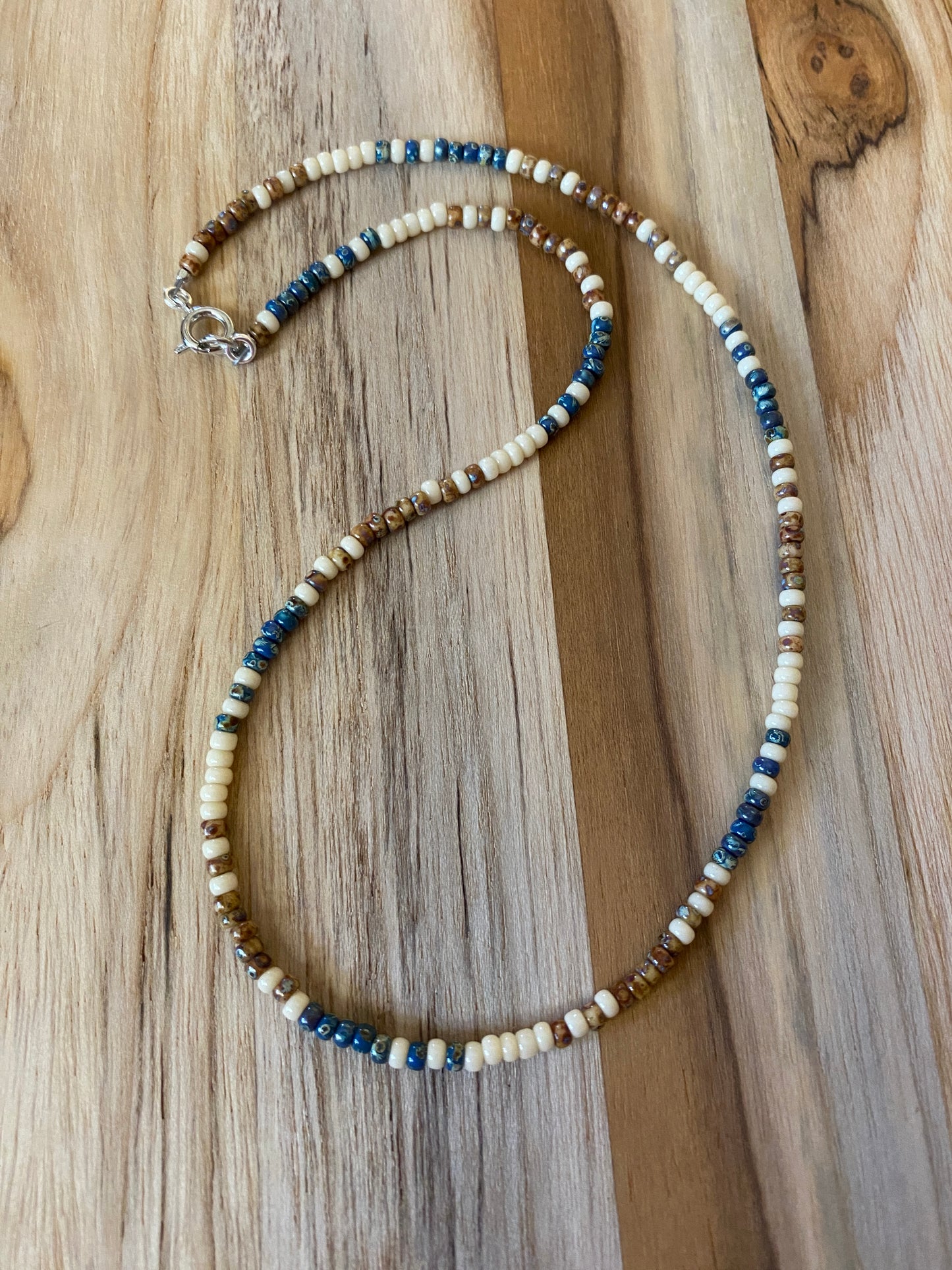 Dainty minimalist Cream and Blue Seed Bead Beaded Necklace