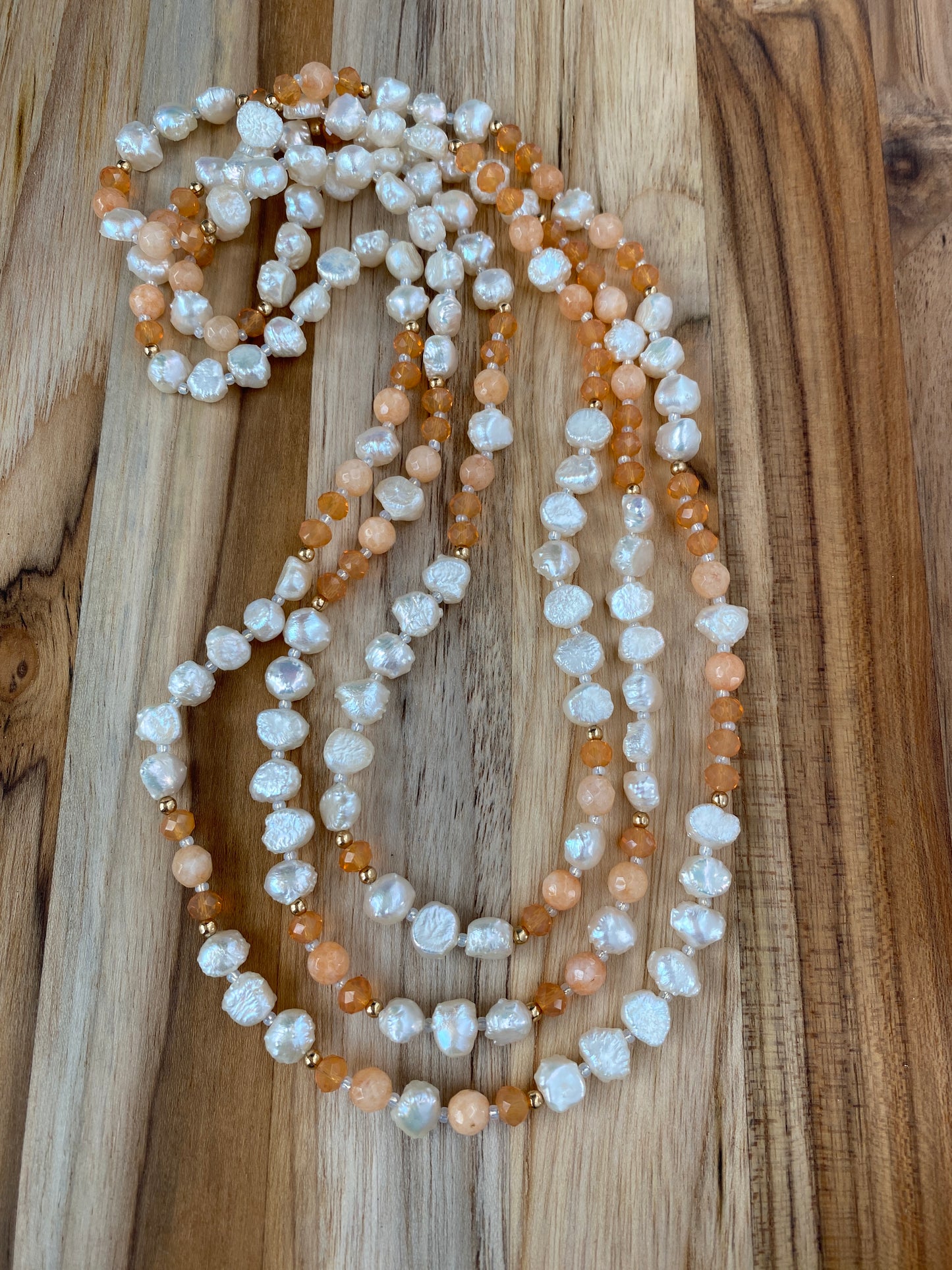 60" Extra Long White Pearl Beaded Multi Wrap Wraparound Neckalce with Orange Agate & Crystal Beads