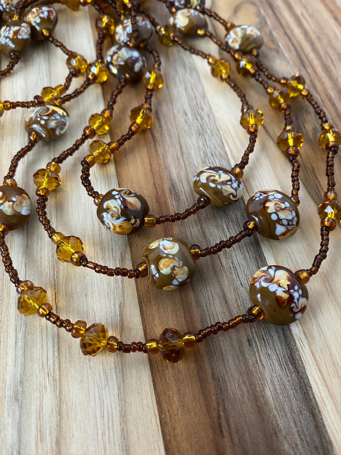 60" Brown Art Glass & Crystal Necklace