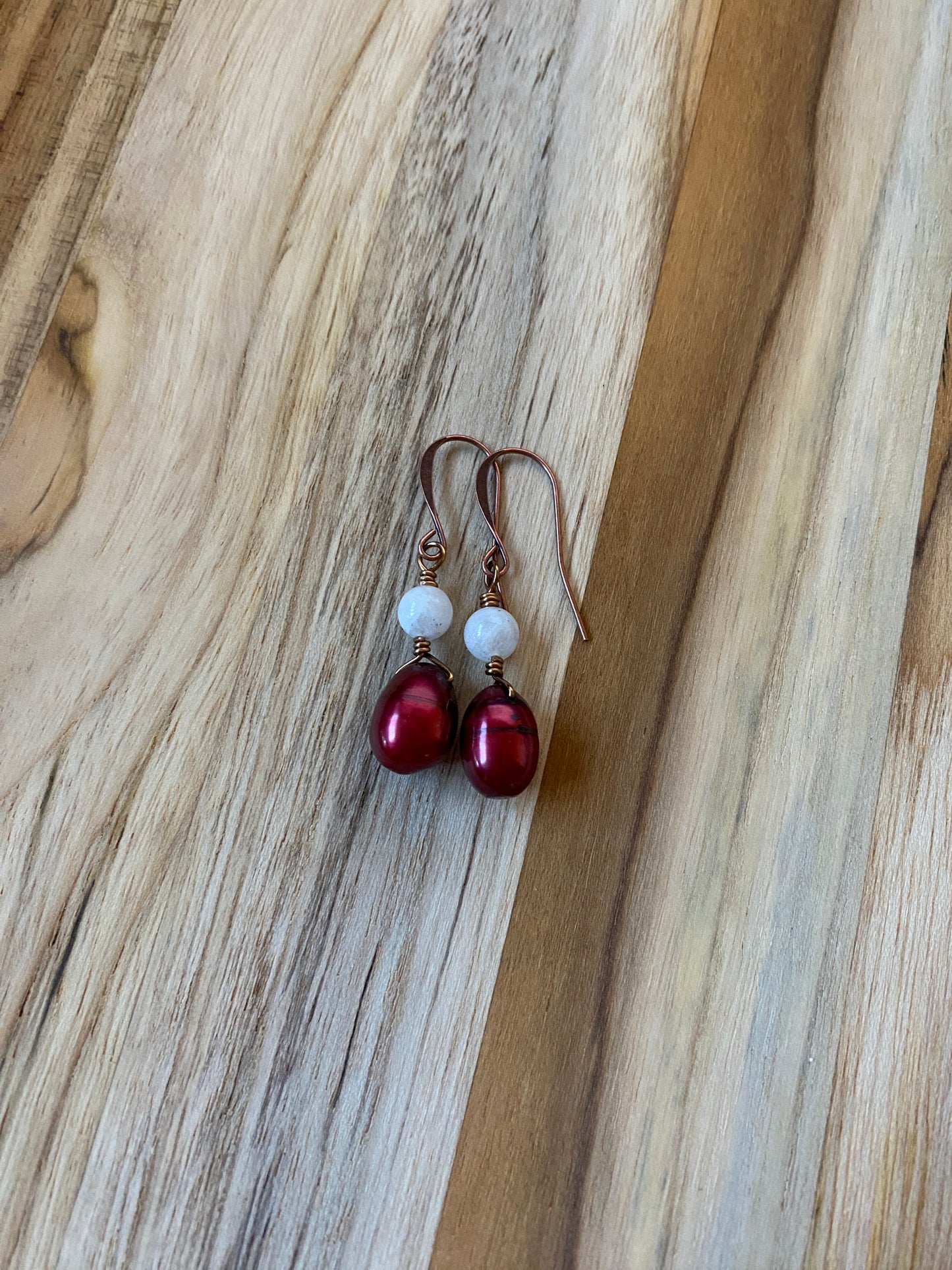 Cranberry Freshwater Pearl and Moonstone Dangle Earrings
