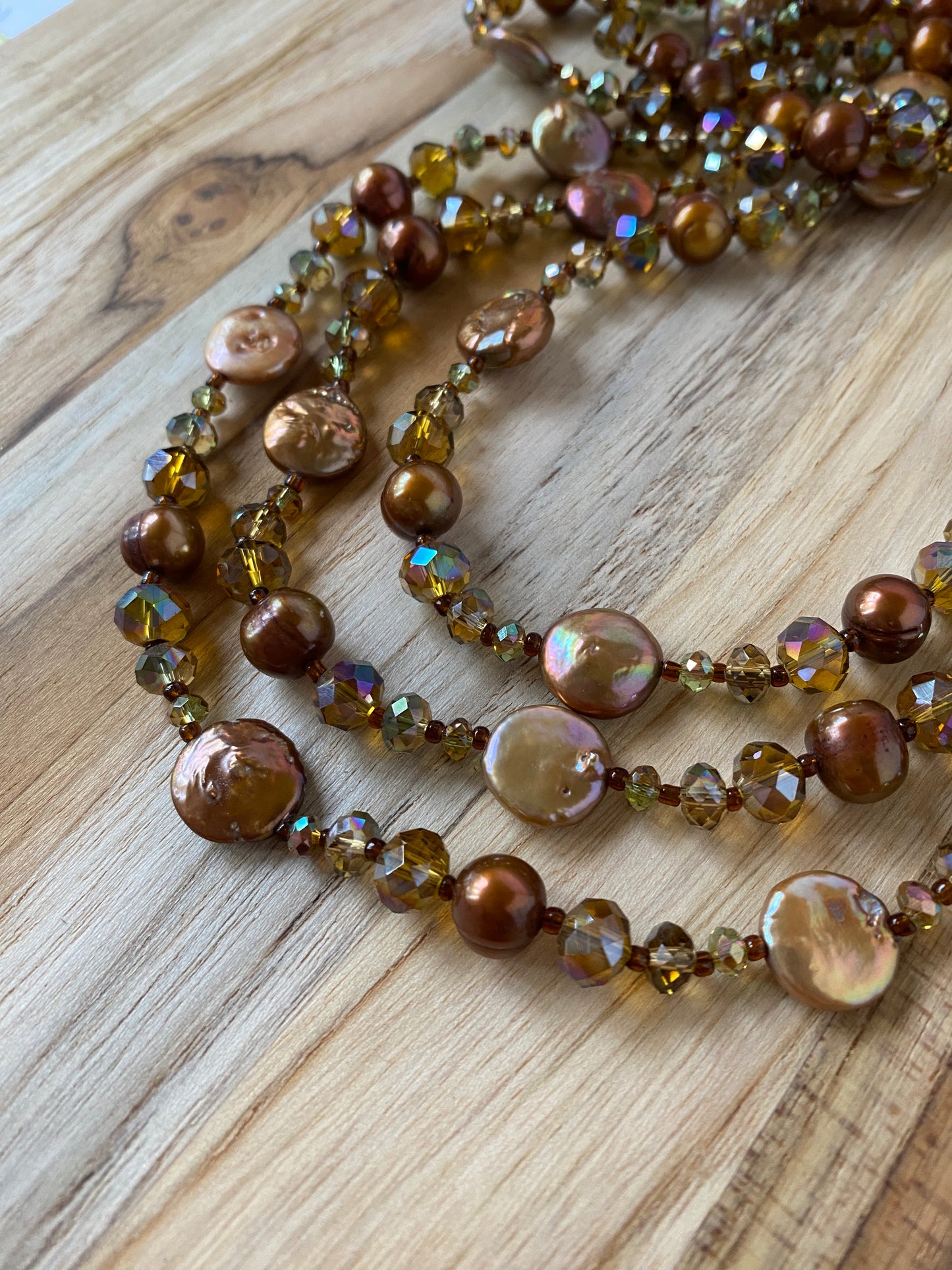 60" Extra Long Wraparound Copper Color Coin Pearl Necklace with Crystal Beads