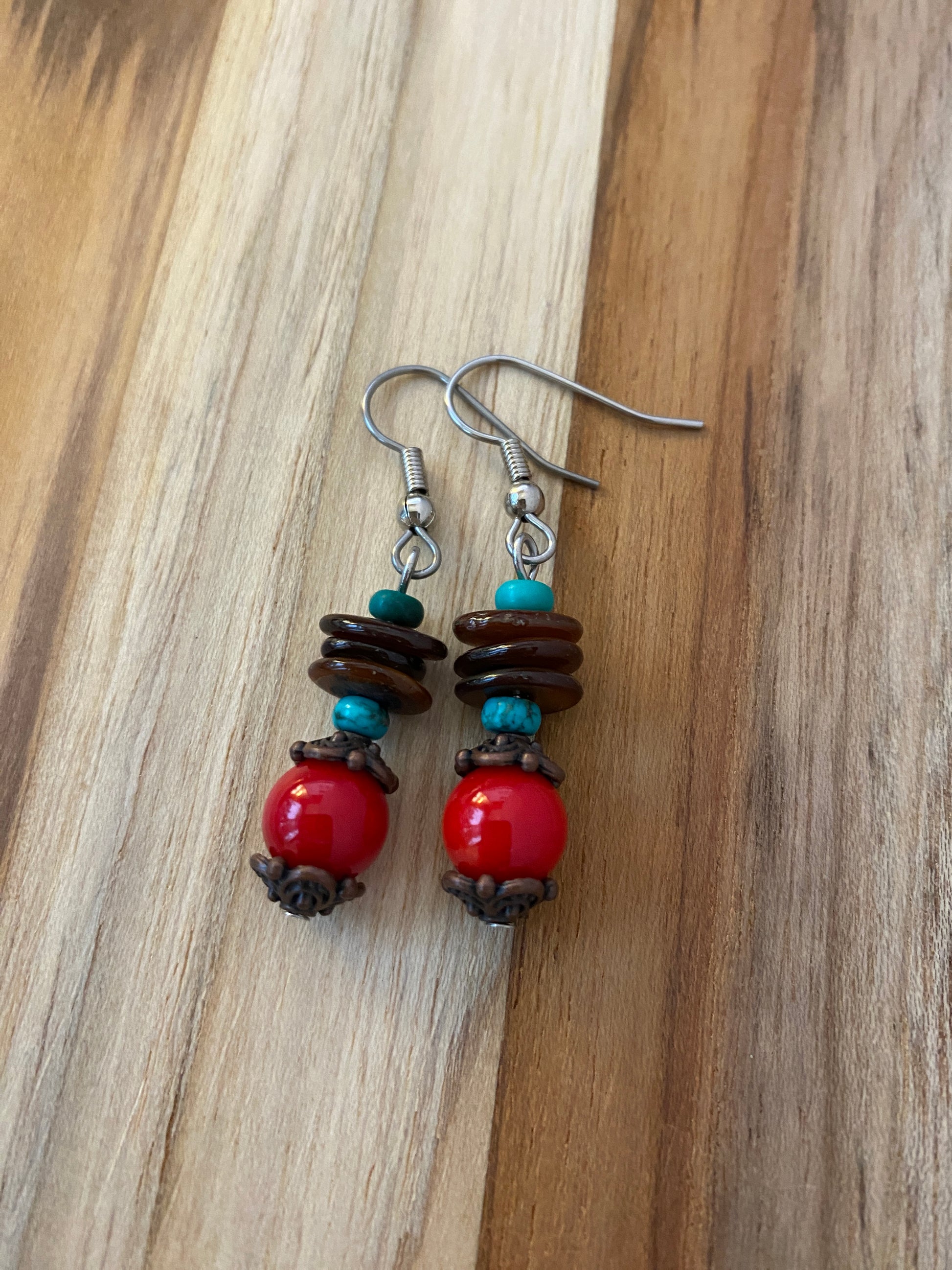 Coral, Brown Shell, Turquoise & Copper Dangle Earrings - My Urban Gems