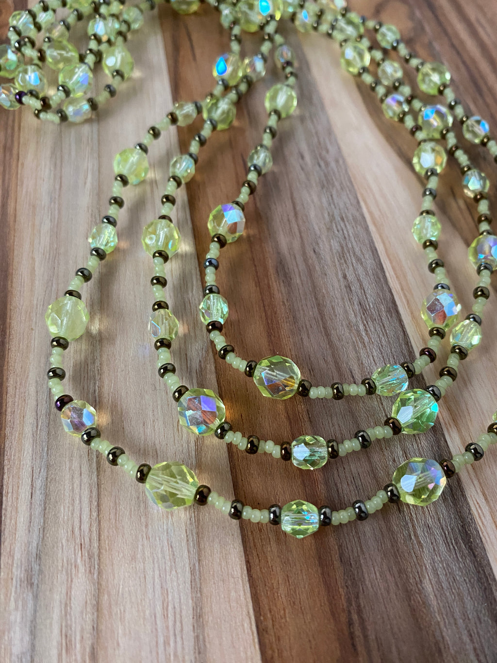 60" Extra Long Wraparound Jonquil AB Yellow Glass Necklace with Bronze seed beads - My Urban Gems