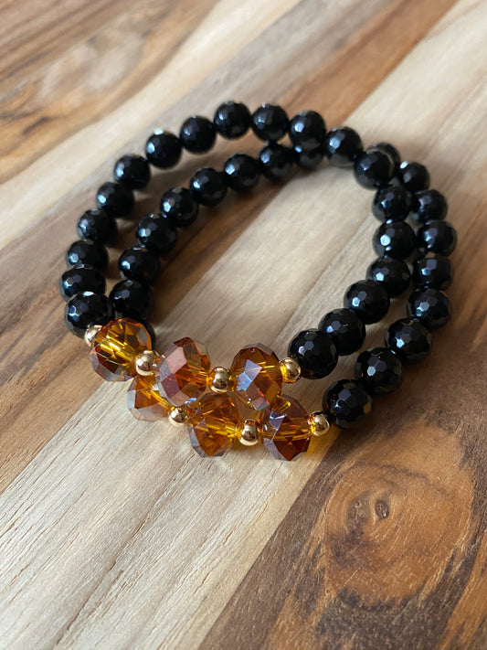 Black Faceted Onyx Beaded Stretch Bracelet with Amber Color Crystal Beads - My Urban Gems