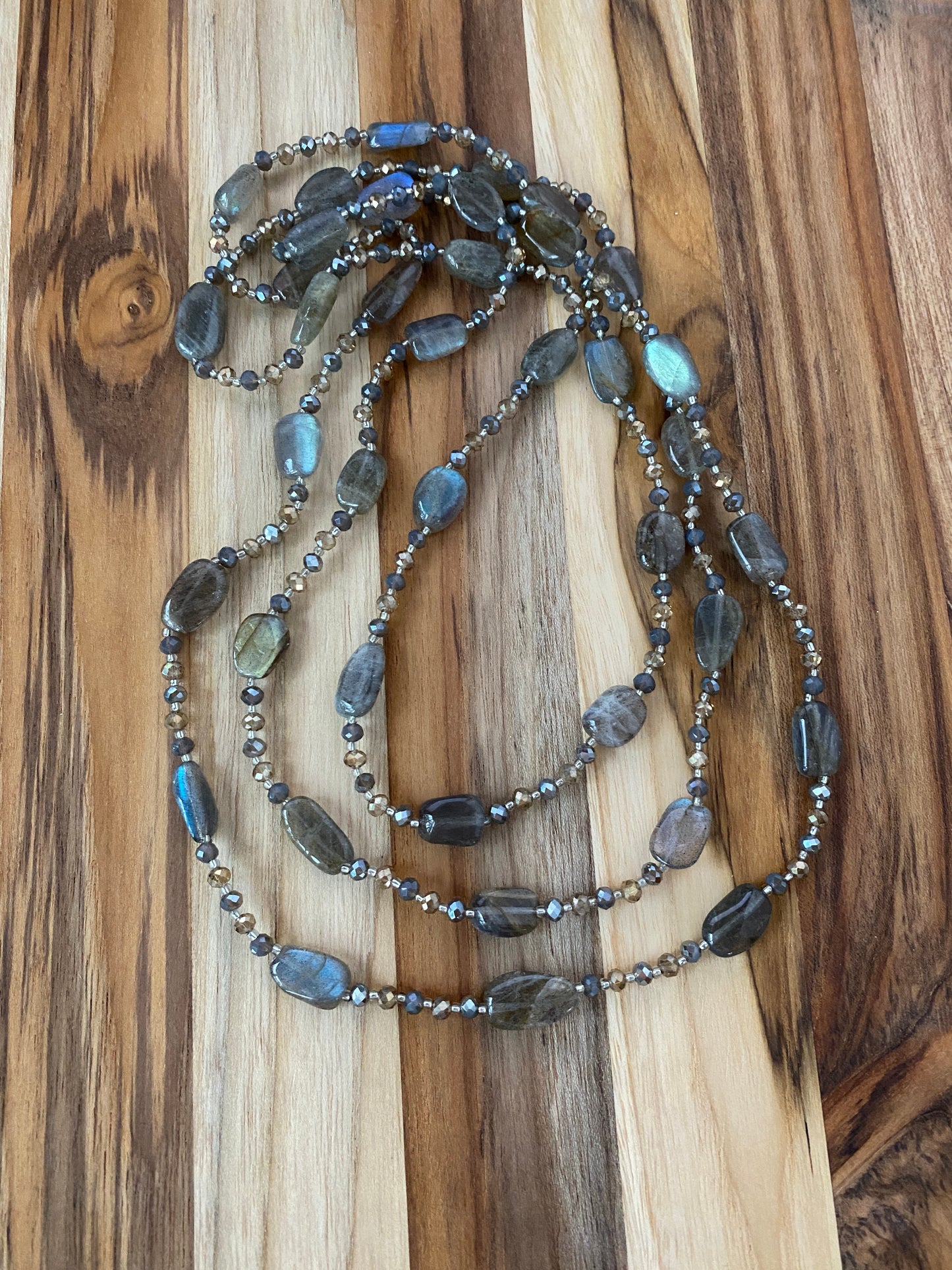 60" Long Wraparound Labradorite & Crystal Beaded Necklace