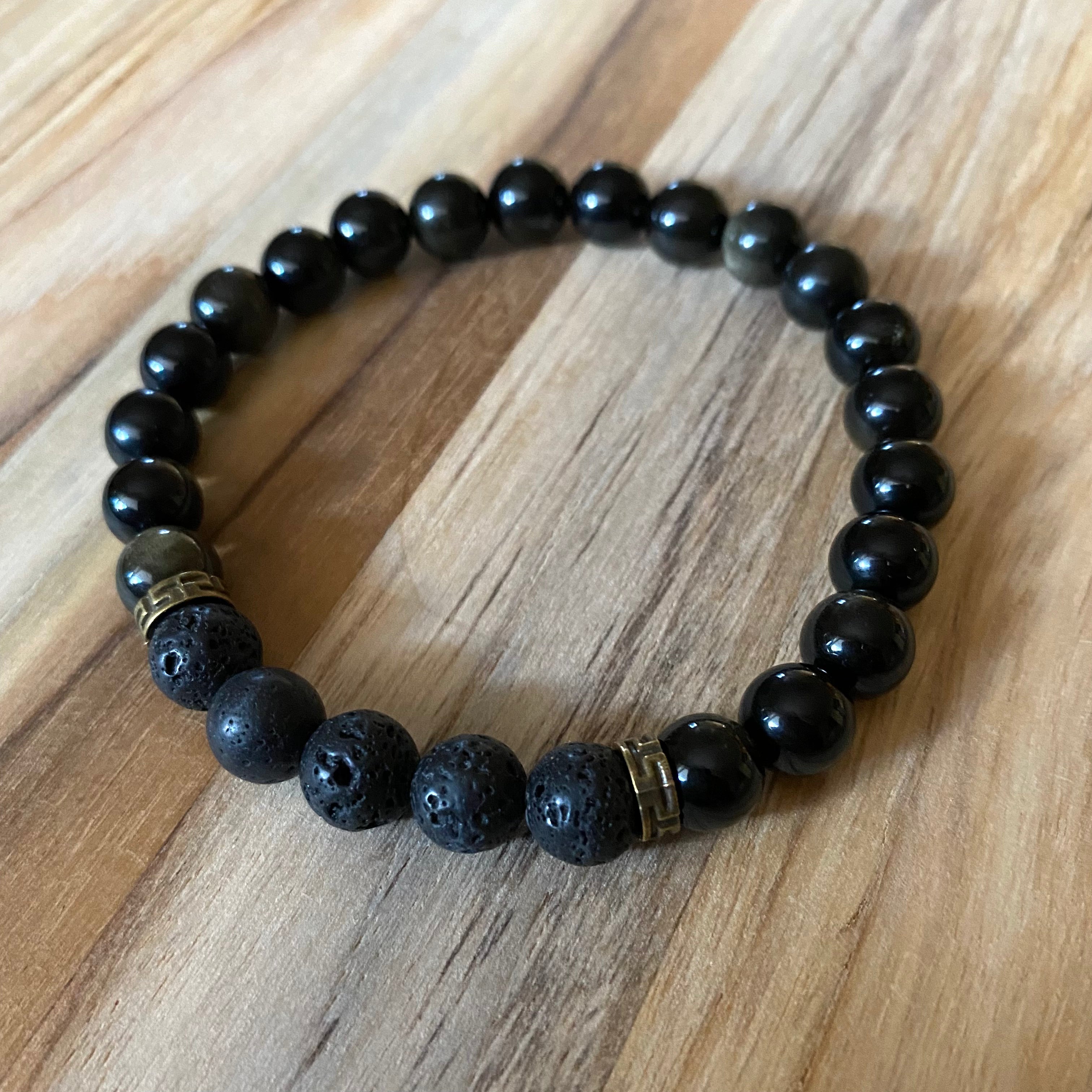 Men’s/Unisex Aromatherapy Beaded Stretch Bracelet with Obsidian & Lava Stone Beads ~ 7.5”