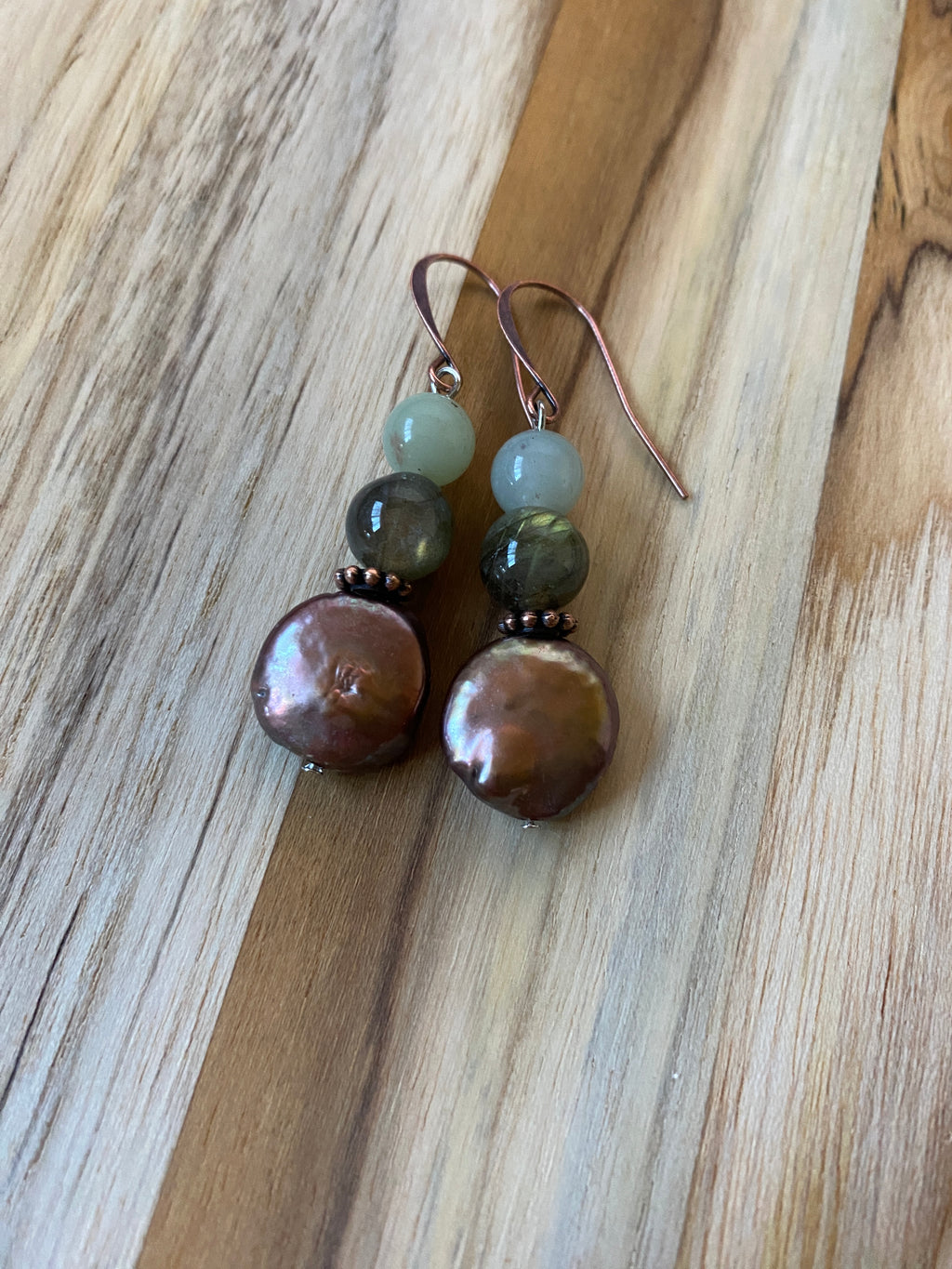 Coin Pearl Labradorite and Aventurine Dangle Earrings