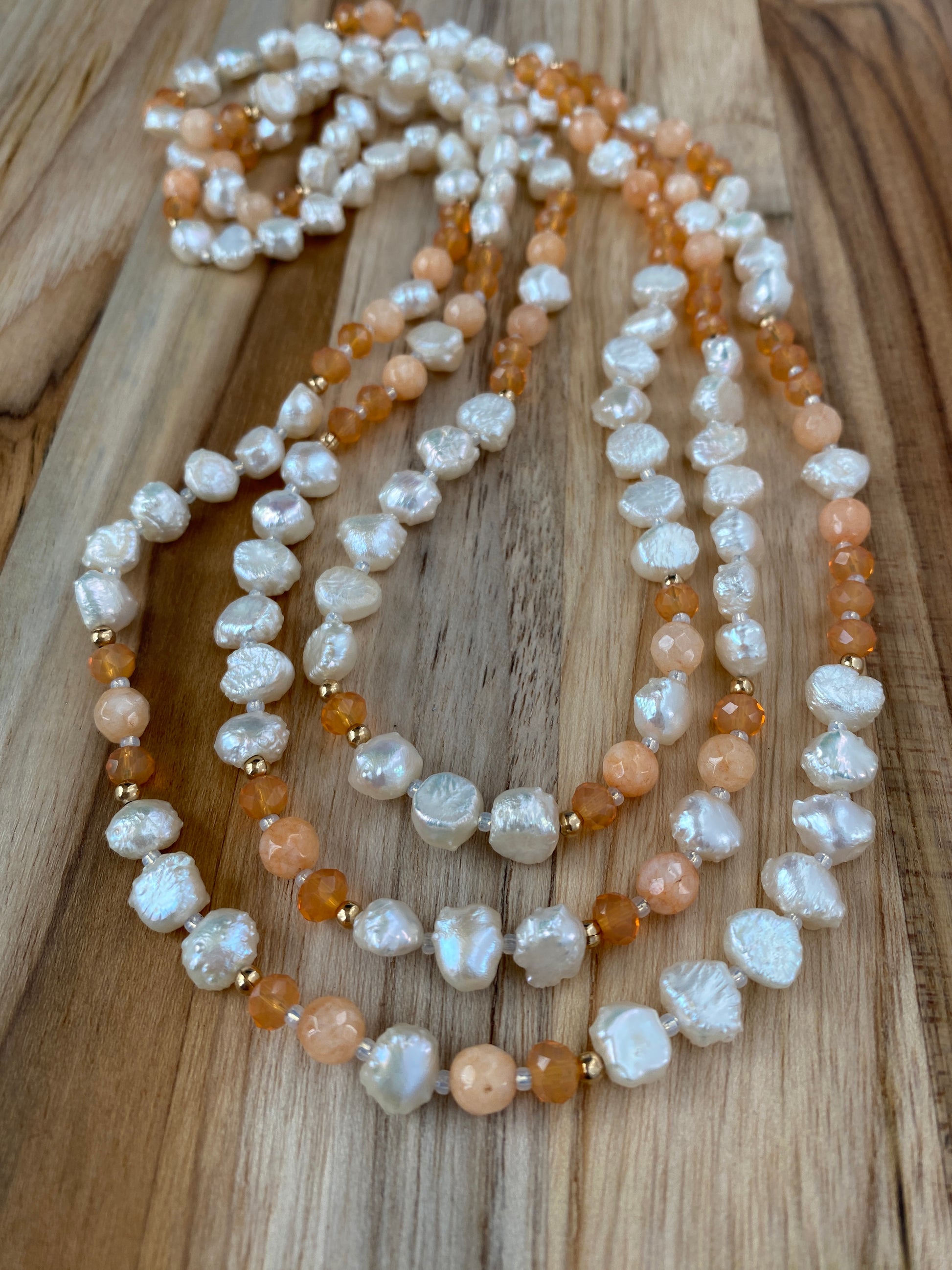 60" Extra Long Wraparound Style White Pearl Beaded Multi Wrap Wraparound Neckalce with Orange Agate & Crystal Beads - My Urban Gems