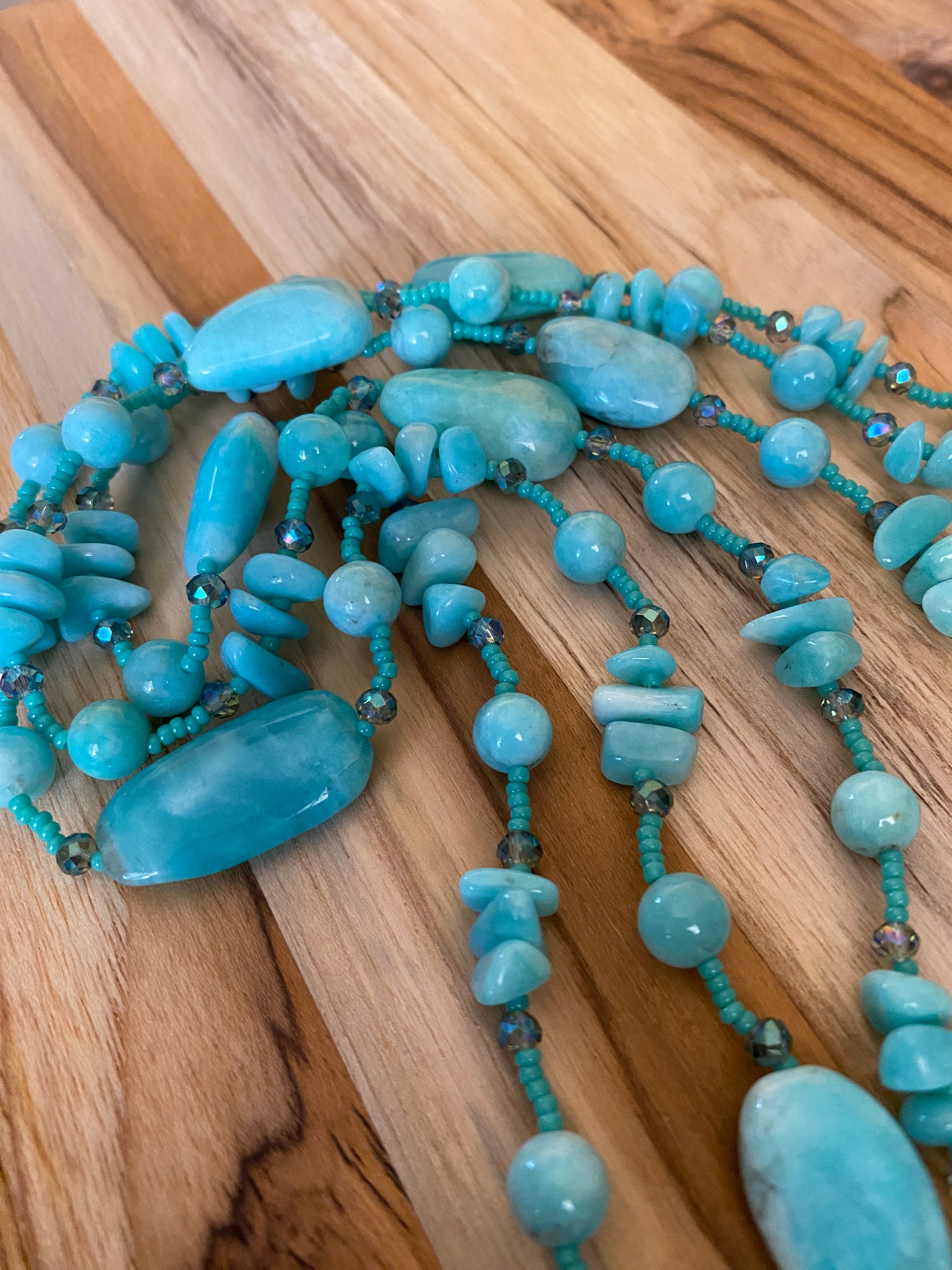 60" Extra Long Aqua Blue Beaded Amazonite Wraparound Necklace with Crystal & Seed Beads My Urban Gems