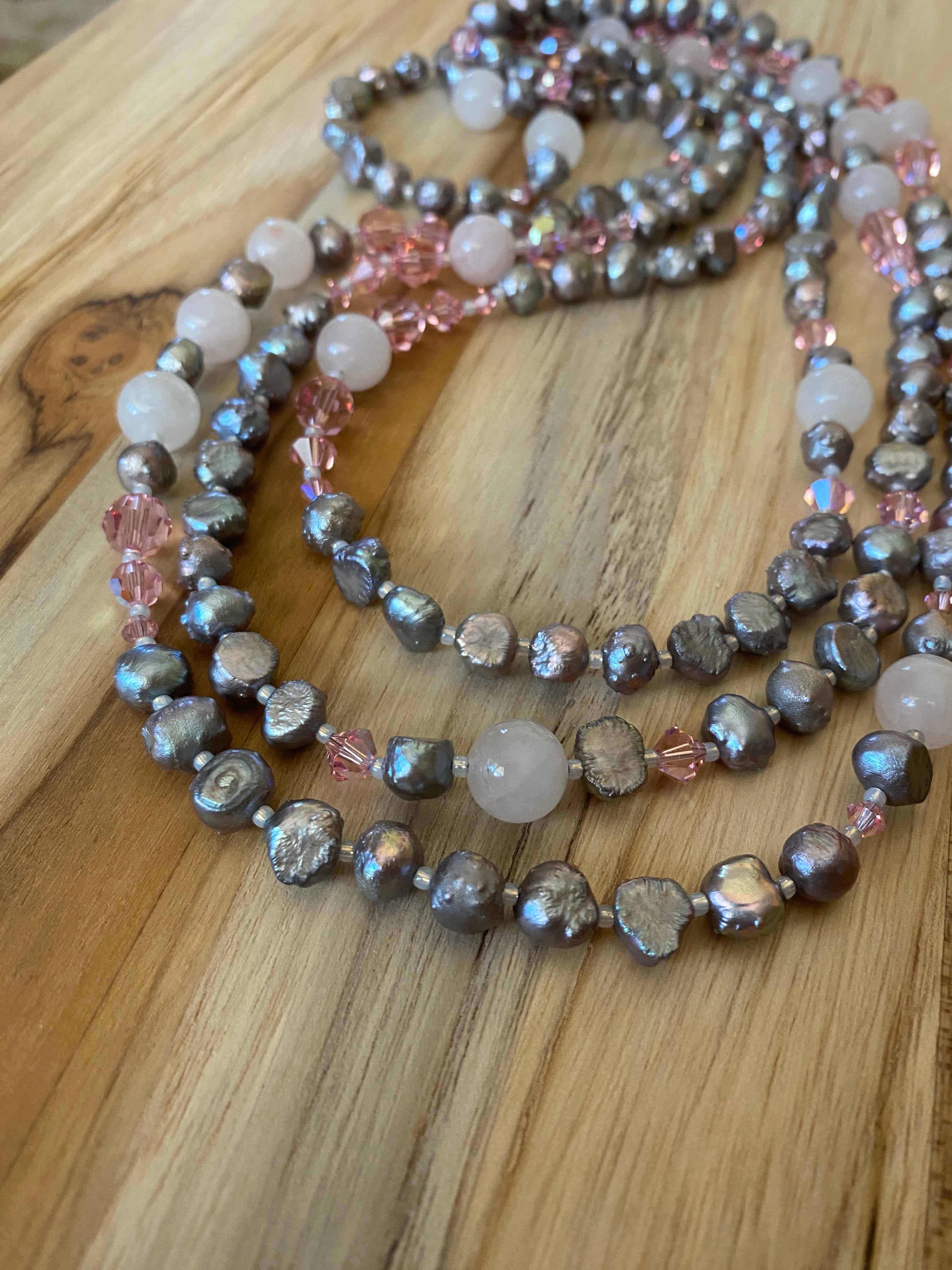 60" Extra Long Grey Pearl Beaded Necklace with Rose Quartz and Crystal Beads - My Urban Gems