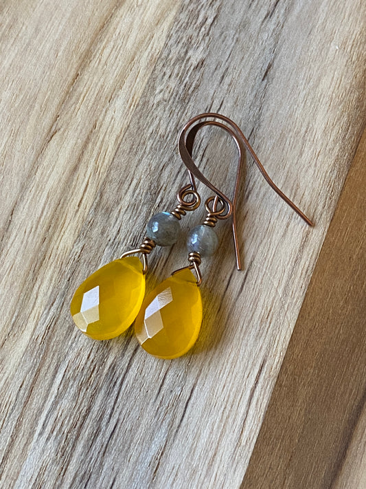 Mango Yellow Onyx Briolette Dangle Earrings with Labradorite and Copper
