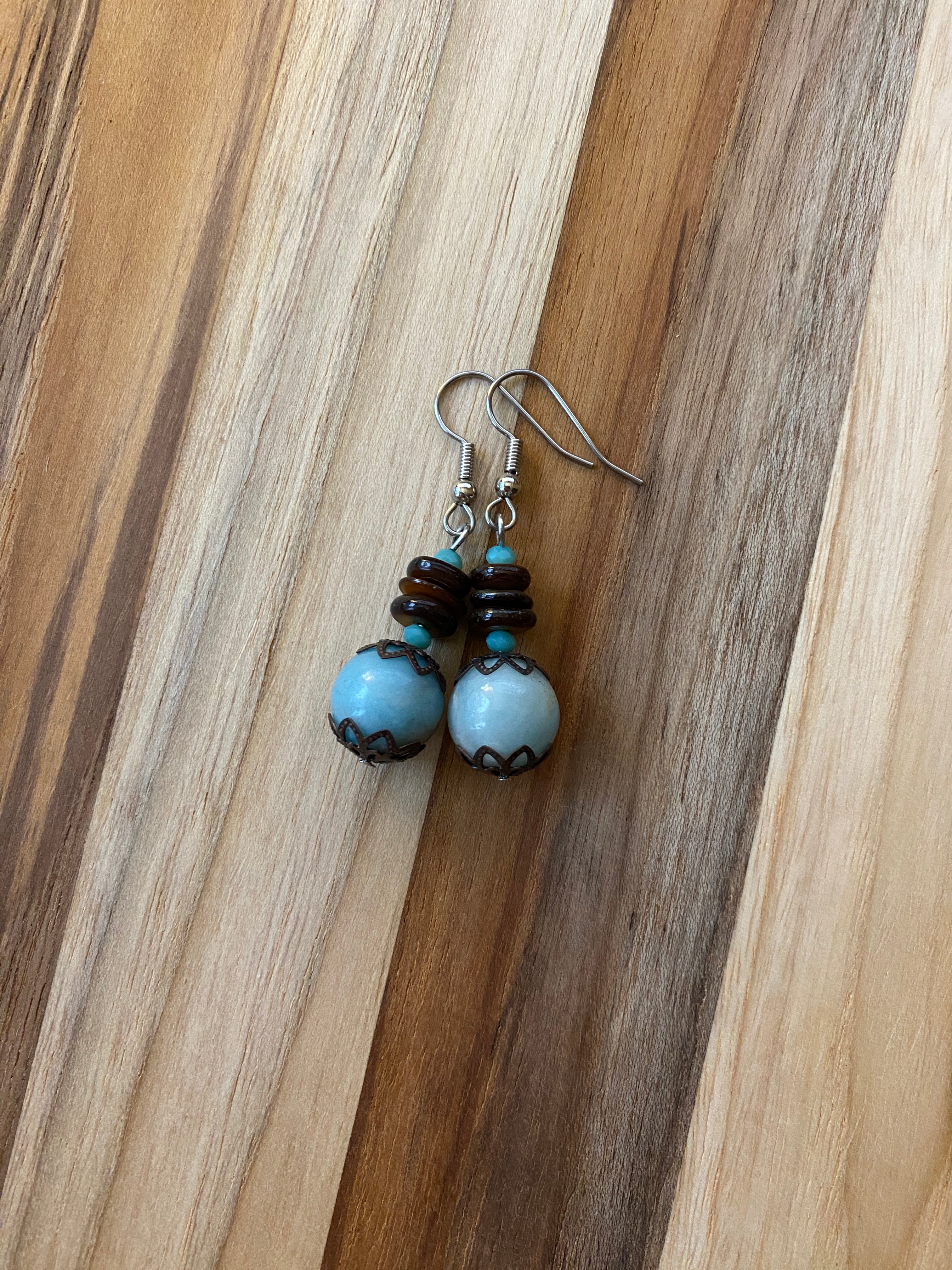 Amazonite with Brown Shell & Copper Dangle Earrings - My Urban Gems