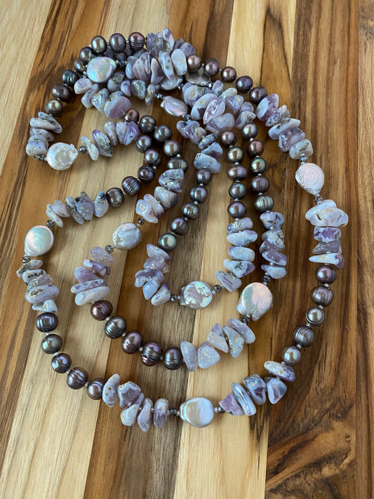 60" Extra Long Beaded Lavender Chalcedony and Pearl Necklace with Crystal Beads