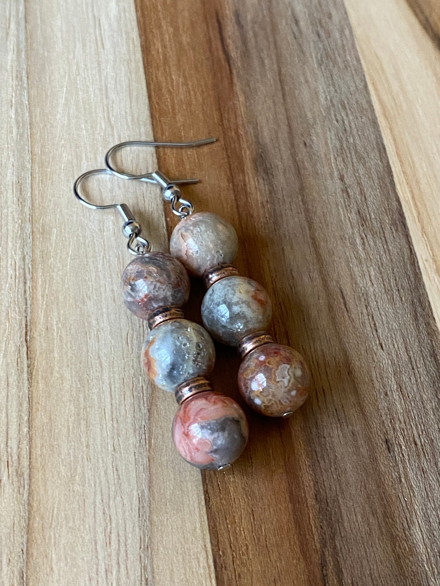 Red Crazy Lace Agate Dangle Earrings with Copper Accents