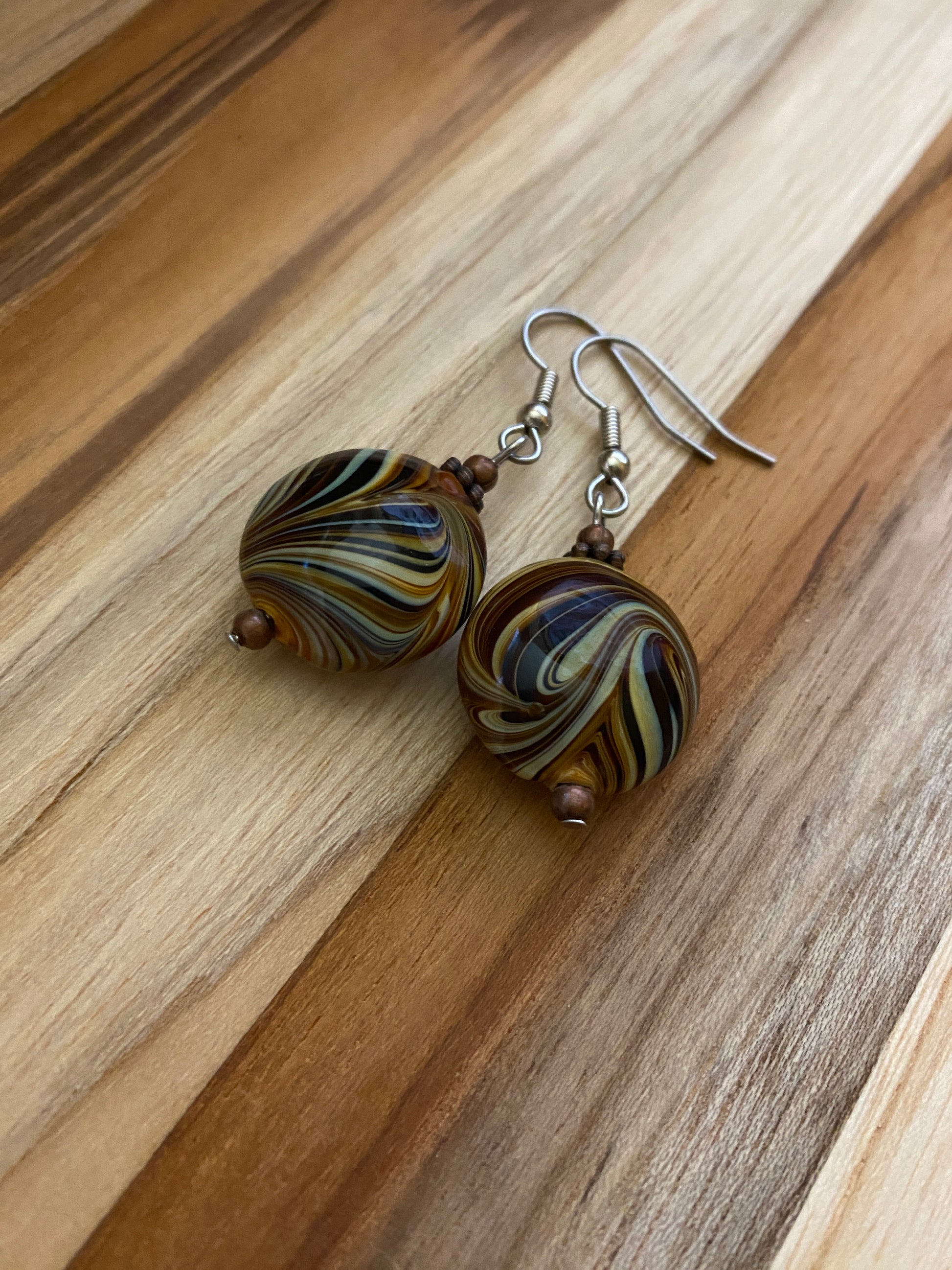 Brown & Cream Art Glass Swirl Dangle Earrings - My Urban Gems
