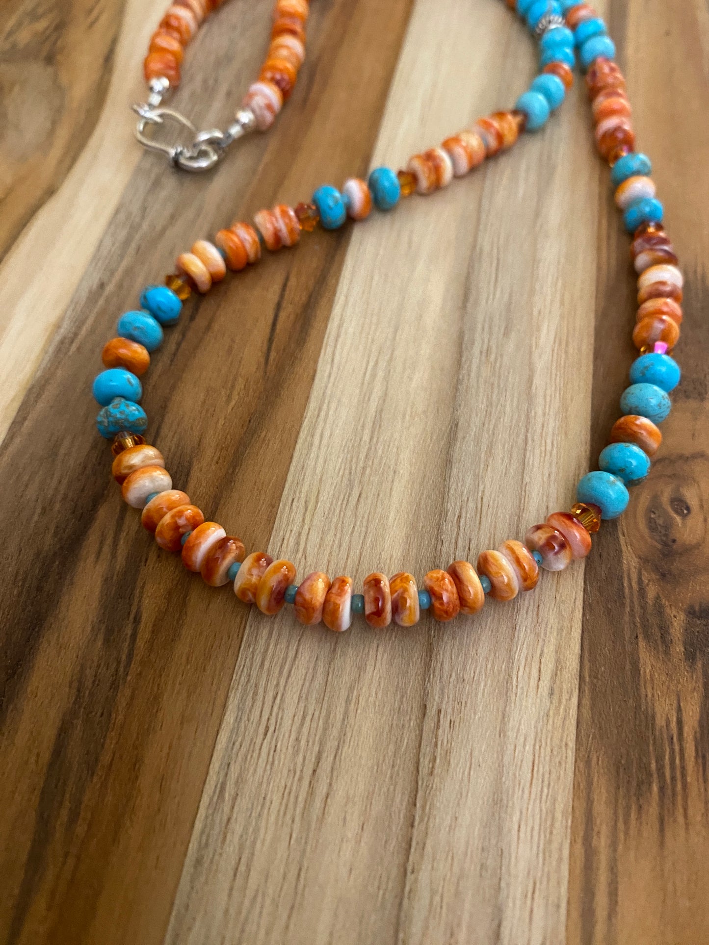 Natural Blue Turquoise and Orange Spiny Oyster Beaded Necklace with Crystal Beads