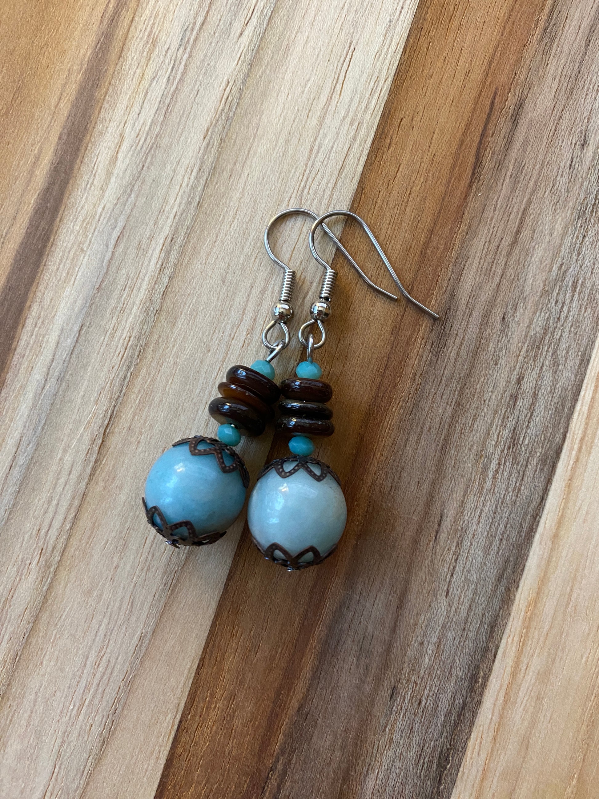 Amazonite with Brown Shell & Copper Dangle Earrings - My Urban Gems