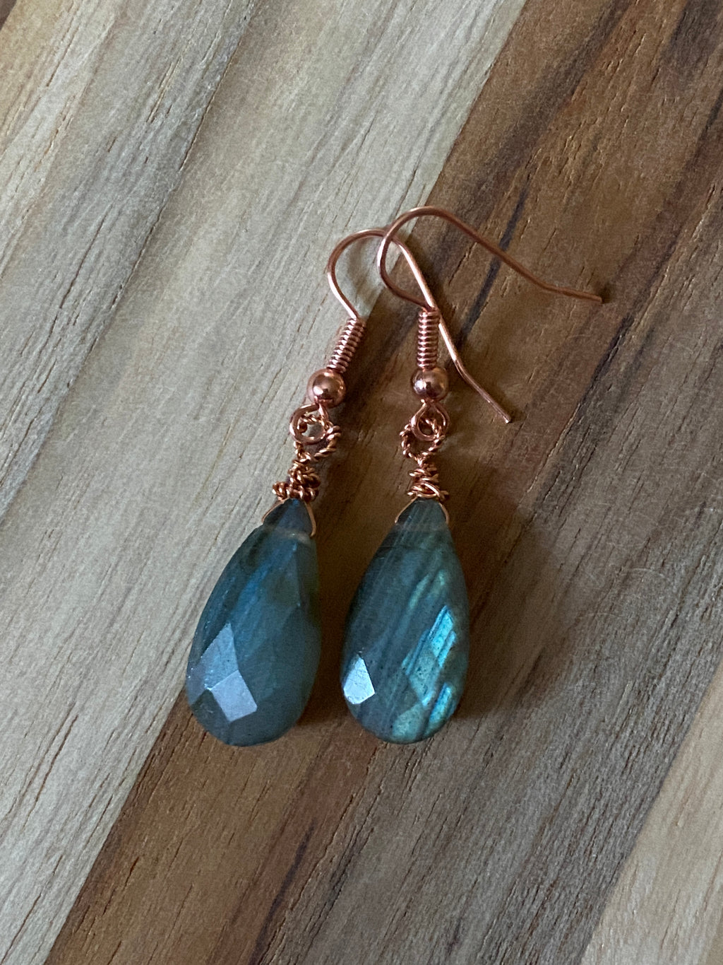 Copper Wire Wrapped Labradorite Briolette Dangle Earrings