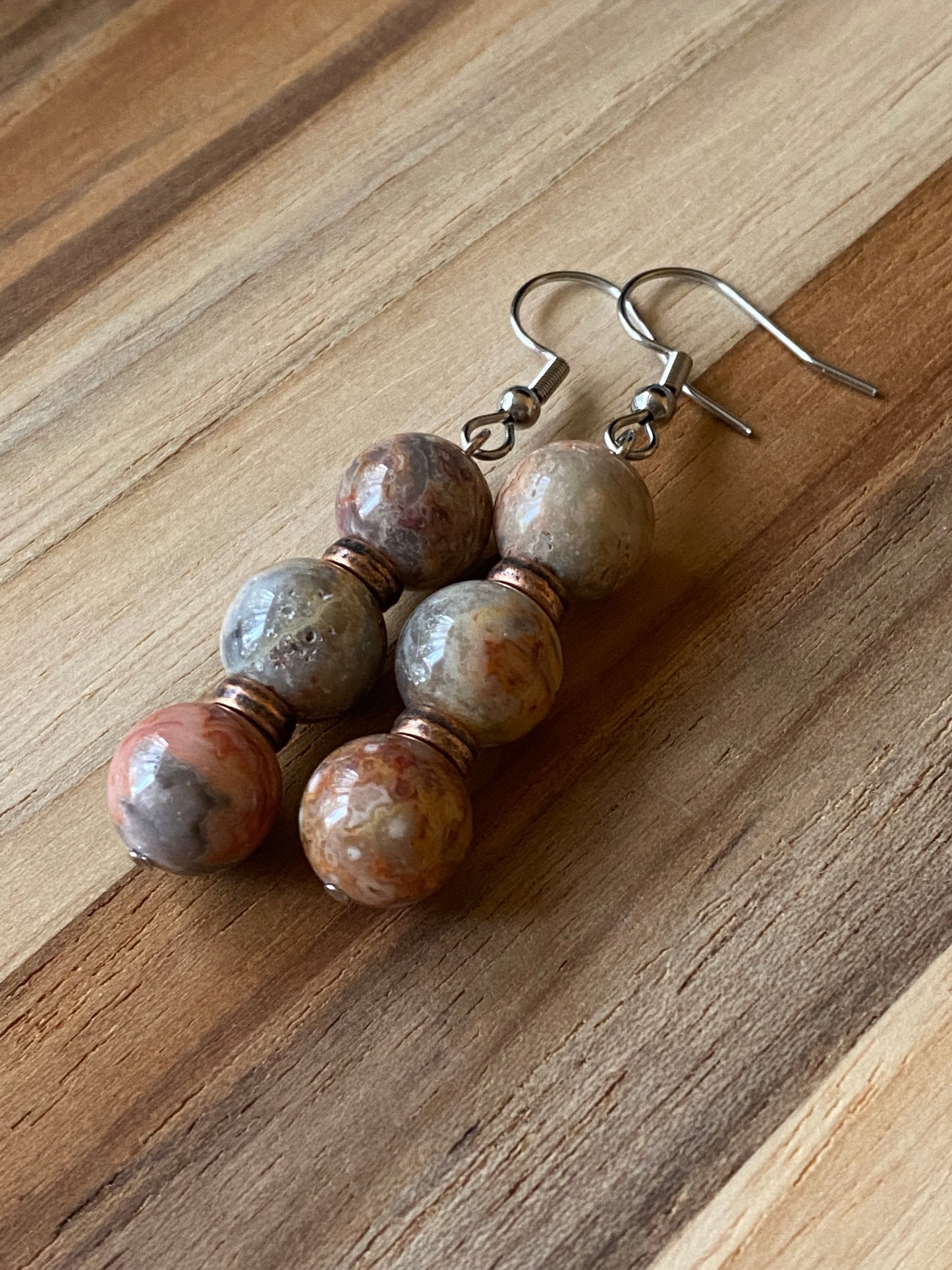 Red Crazy Lace Agate Dangle Earrings with Copper Accents