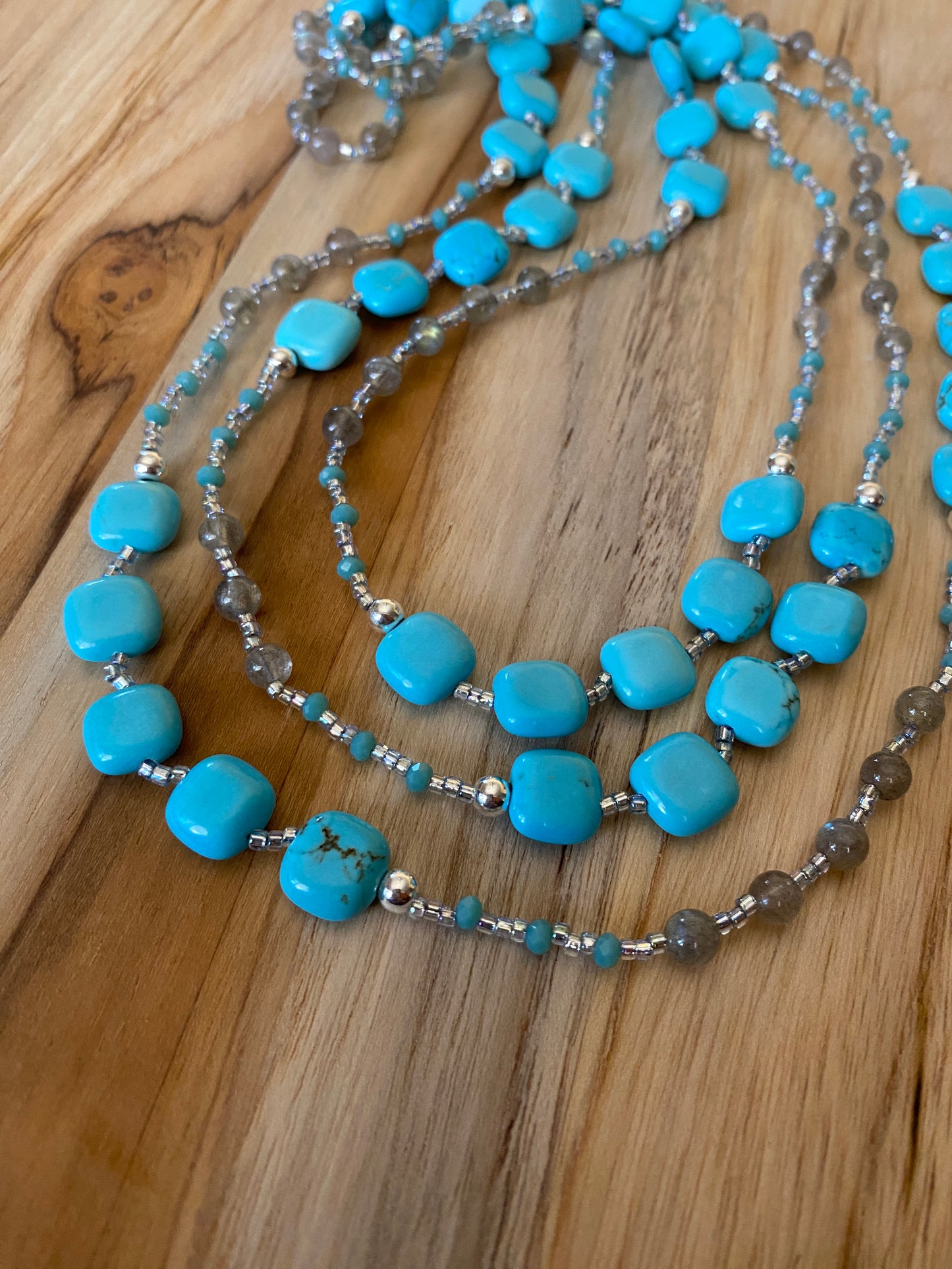 63" Long Beaded Turquoise Square with Labradorite & Crystal Necklace