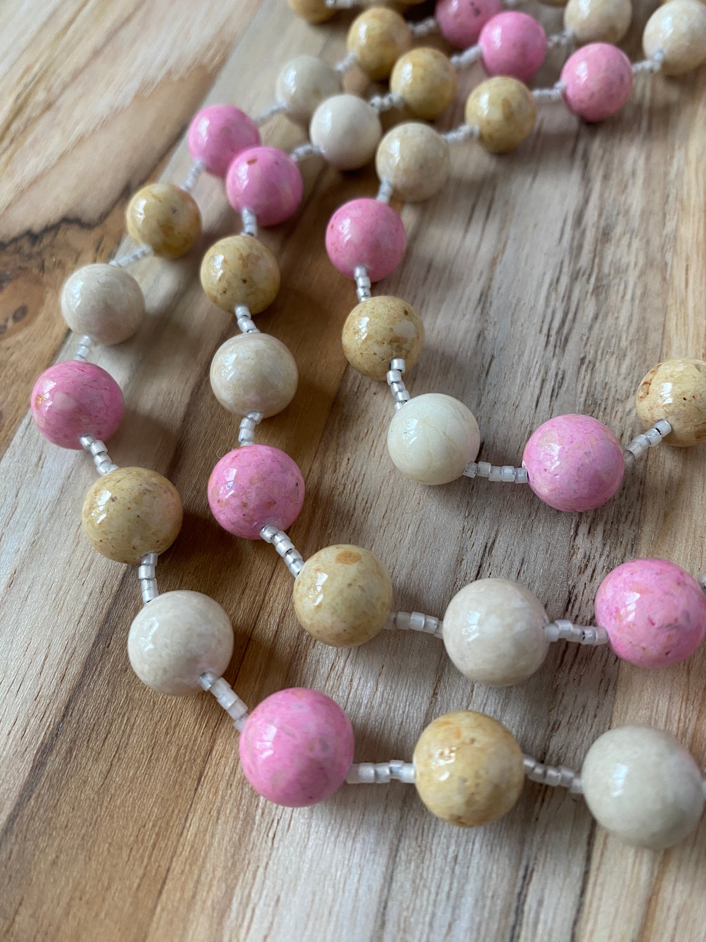 60" Pink, Cream & Beige Riverstone Necklace