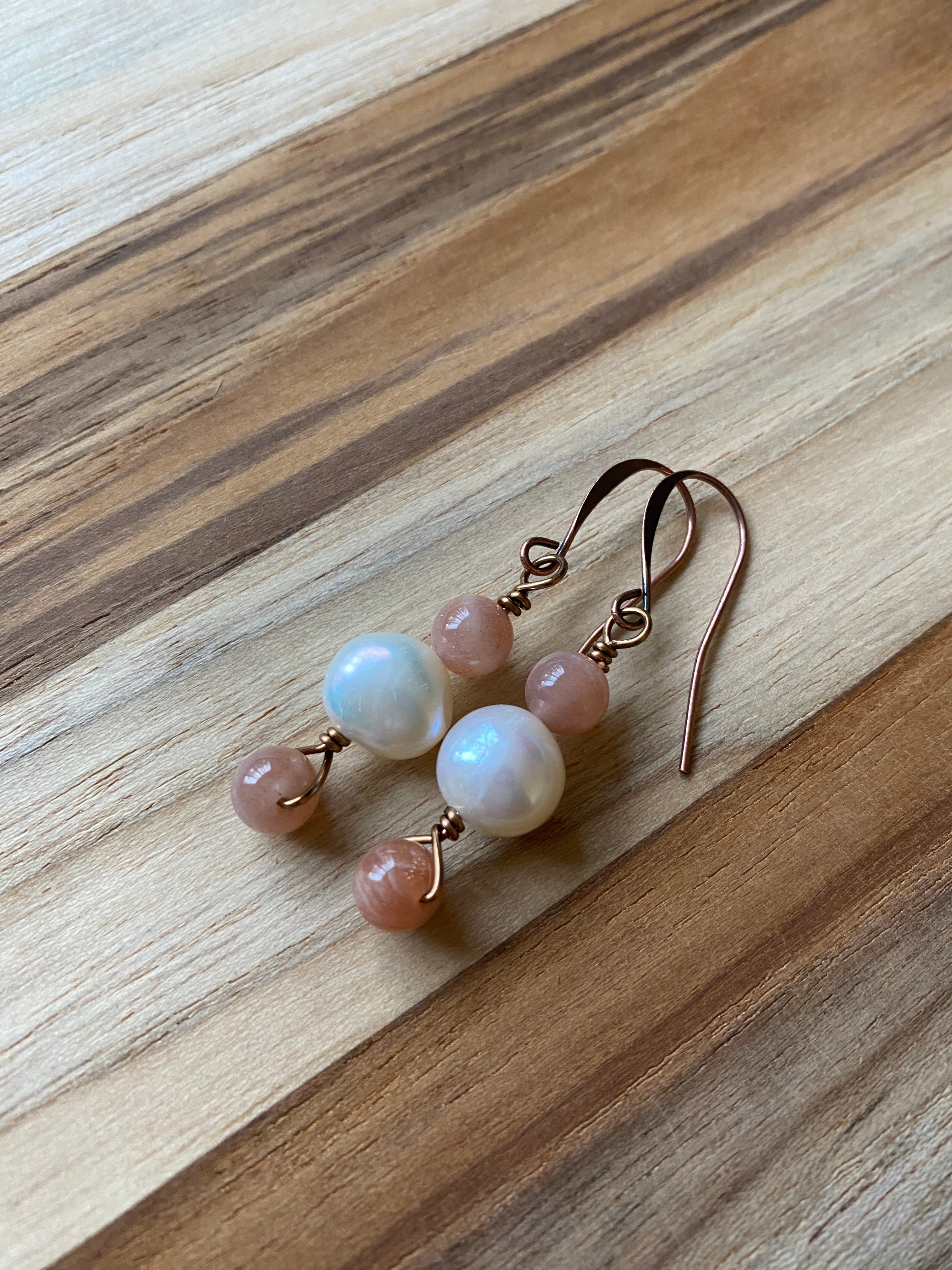White Freshwater Pearl and Sunstone Dangle Earrings with Copper