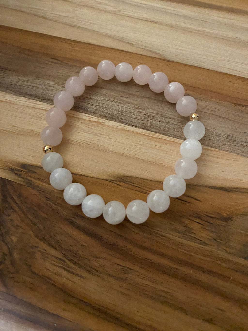 Rainbow Moonstone and Madagascar Rose Quartz Beaded Stretch Bracelet with Gold ~ 7”