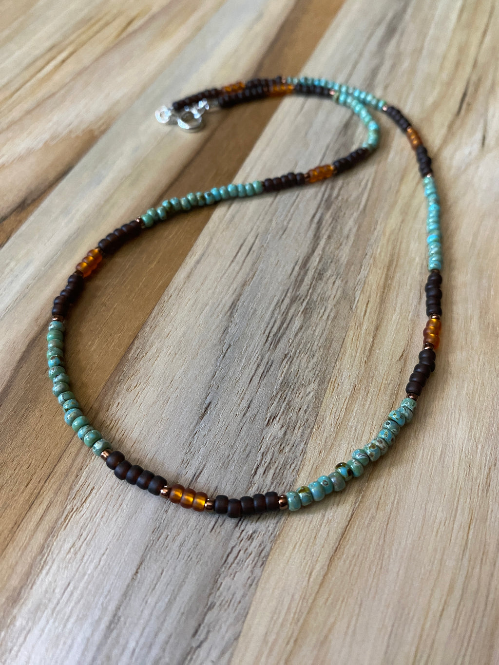 Dainty Minimalist Turquoise and Brown Seed Bead Beaded Necklace