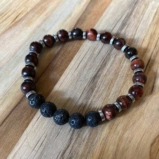 Unisex Aromatherapy Beaded Stretch Bracelet with Red Tigereye & Lava Stone Beads