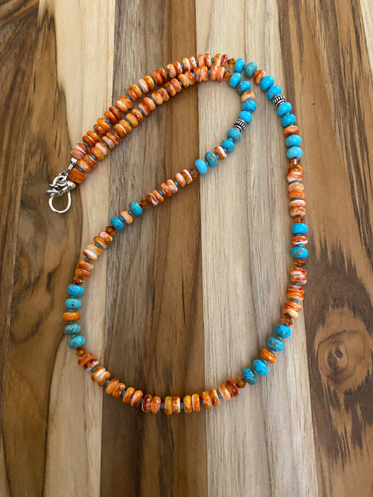 Natural Blue Turquoise and Orange Spiny Oyster Beaded Necklace with Crystal Beads