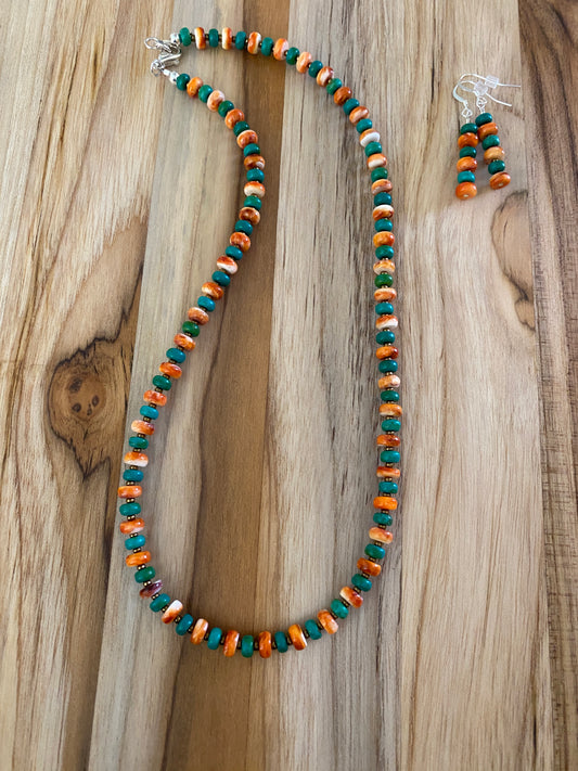 Orange Spiny Oyster and Natural Turquoise Beaded Necklace