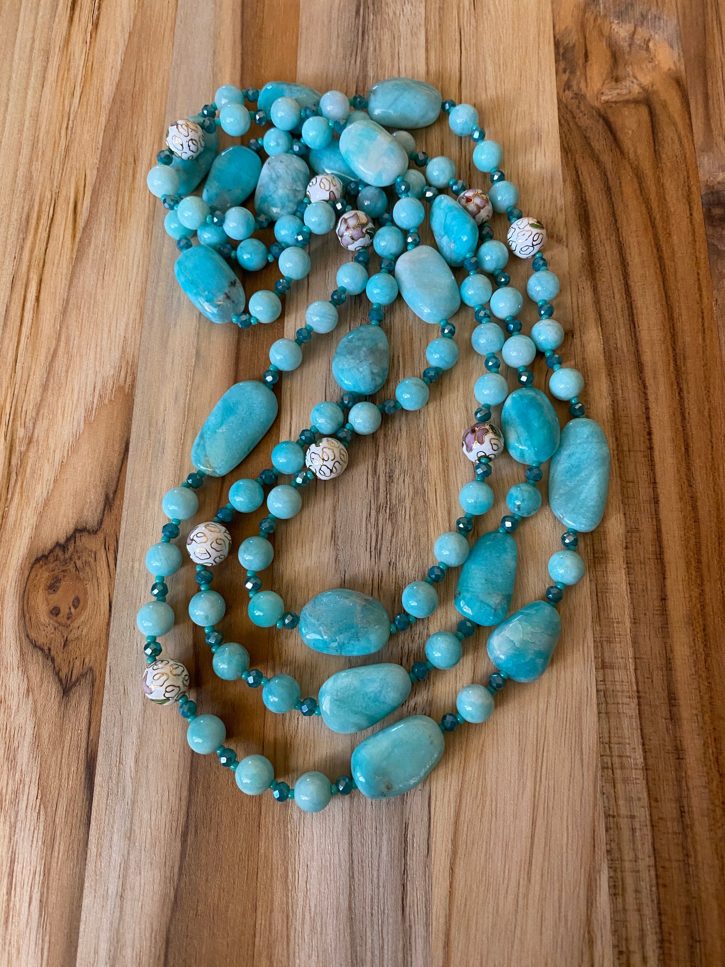 60" Extra Long Aqua Blue Beaded Amazonite Wraparound Necklace with Cloisonne & Crystal Beads