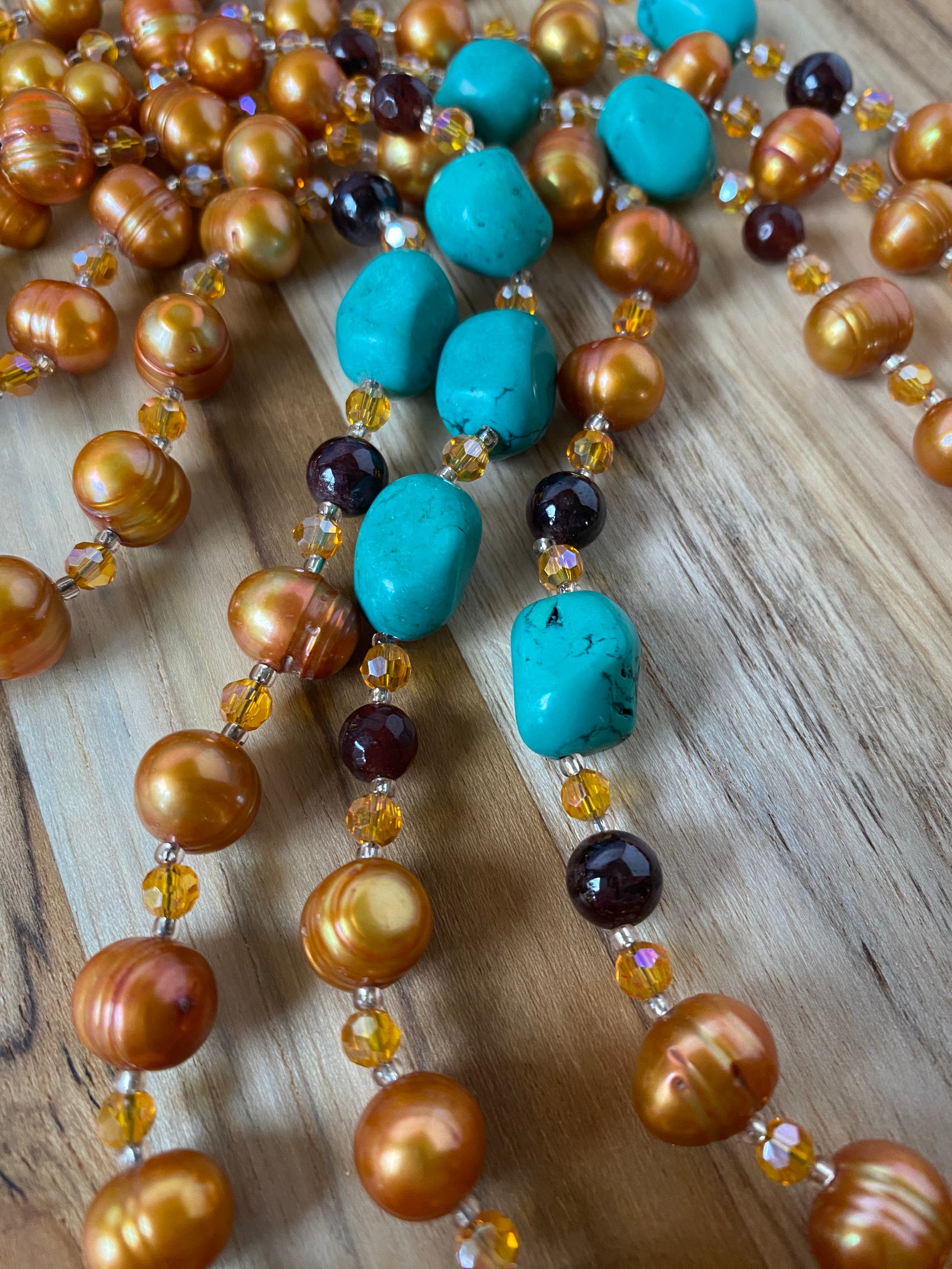 60" Extra Long Beaded Wraparound Necklace with Orange Pearls Turquoise Garnet & Agate Beads - My Urban Gems