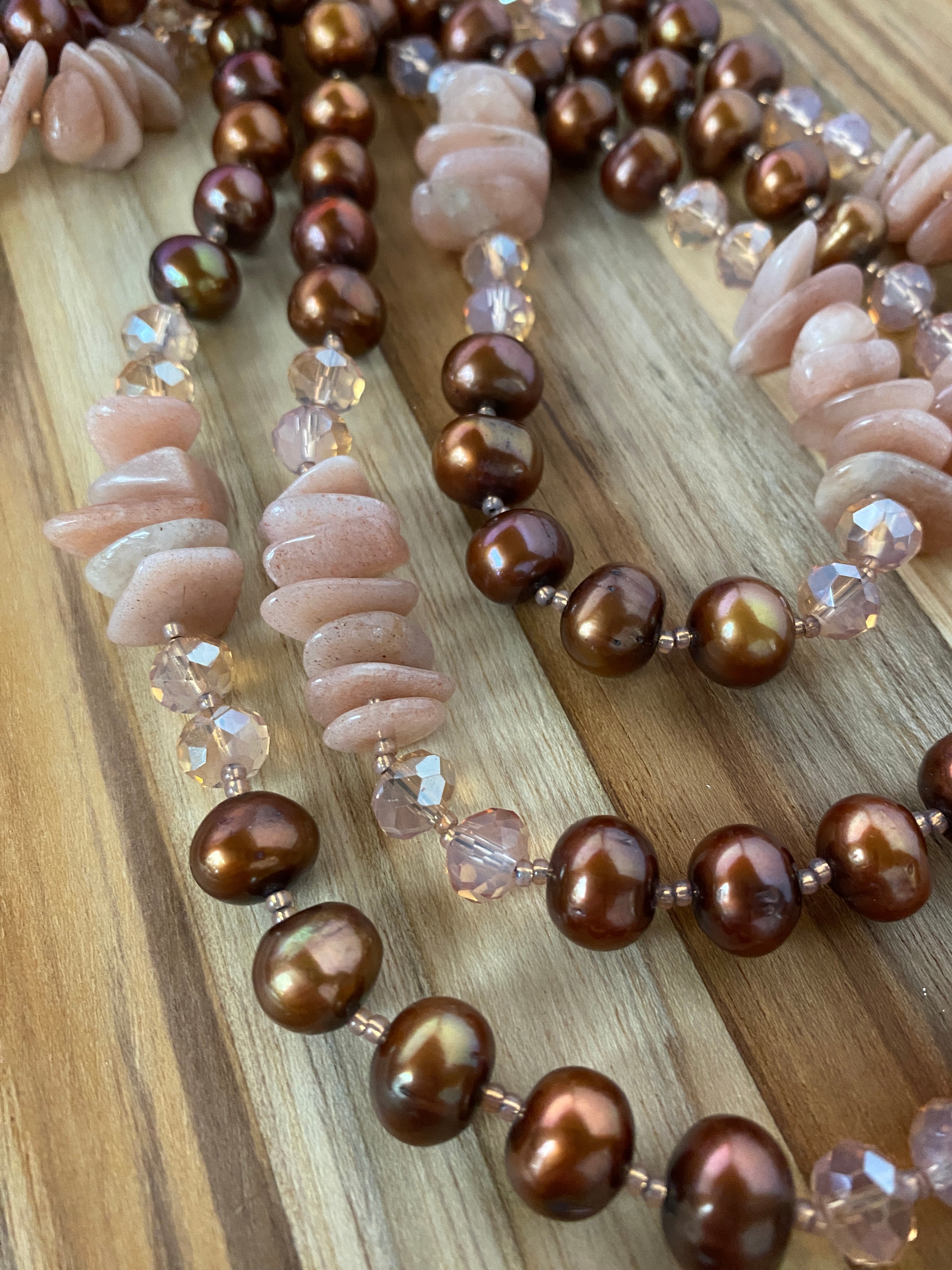 60" Extra Long Beaded Necklace with Brown Pearls, Sunstone Chips & Crystal Beads My Urban Gems