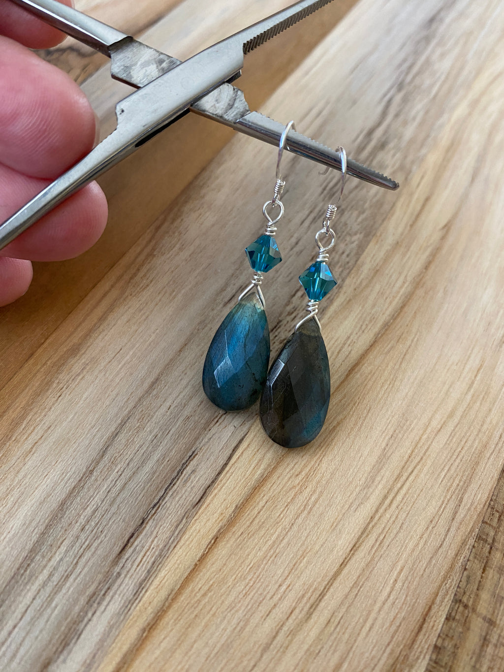 Blue Flash Labradorite Dangle Earrings with Crystal Accent