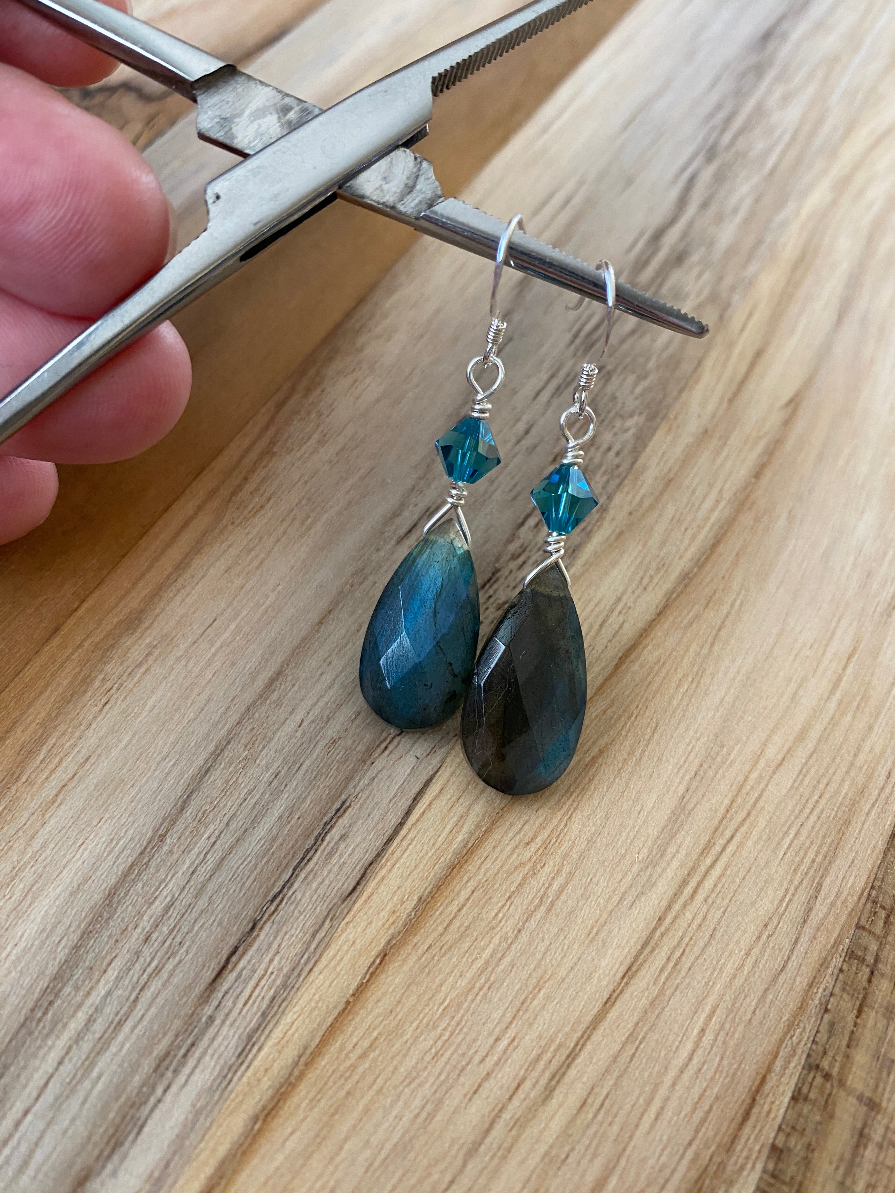 Blue Flash Labradorite Dangle Earrings with Crystal Accent